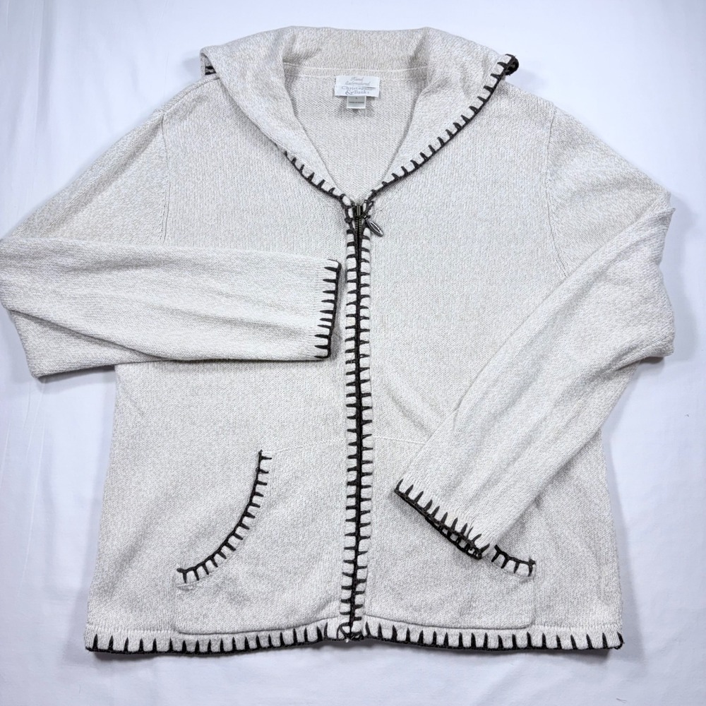 Christopher & Banks Zip Hooded Sweater Women Lg Hand Embroidered Oatmeal Brown